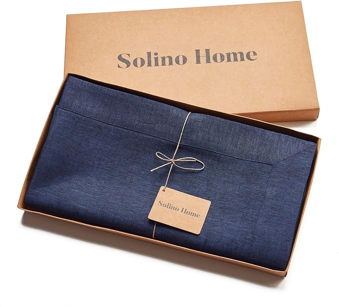 Solino Home Linen Tablecloth 60 x 120 Inch - 100% Pure Linen Chambray Navy Table Cloth for Rectangular Tables - Athena, Machine Washable Cloth Tablecloth for Summer, 4th of July