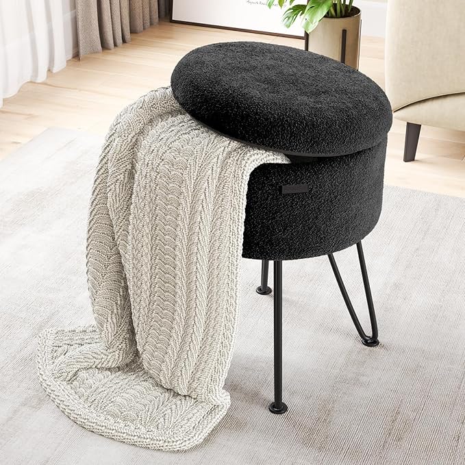 Round Ottoman with Storage, Boucle Storage Ottoman, Foot Stool Ottomans, Makeup Vanity Stool, Small Ottomans Foot Rest, Modern Vanity Stools for Living Room and Bedroom, Black