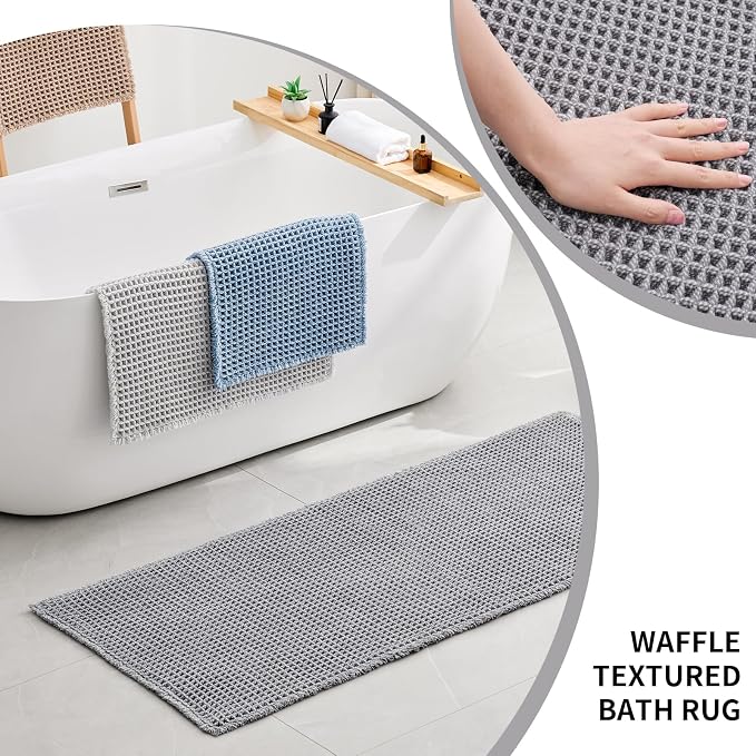 Disolla Waffle Bath Mat, Non Slip Absorbent Bathroom Runner Rug, Washable Quick Dry Ultra Soft Long Bathroom Floor Mat, Large Dark Grey & White Bath Rug for Tub Shower, 24''x59''