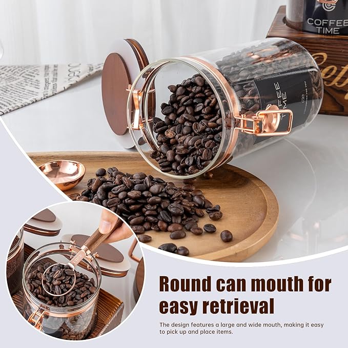 Glass Coffee Canister Set with Torched Wood Shelf, 2 Pack 45oz Airtight Storage Jars with Lids & Spoons, Large Kitchen Canisters for Coffee Beans, Sugar, Tea & Nuts