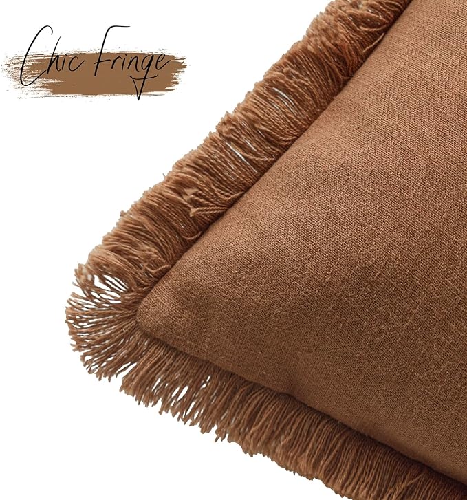 Foindtower Set of 2 Decorative Linen Fringe Throw Pillow Covers Boho Farmhouse Cushion Cover with Tassels Soft Accent Pillowcase for Couch Sofa Bed Living Room Home Decor,18×18 Inch,Orange Brown