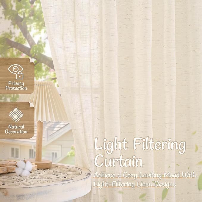 LAMIT 102 Inches Long Linen Curtains for Living Room, Back Tab and Rod Pocket Semi Sheer Panels Light Filtering Farmhouse Drapes for Bedroom/Dining Room, Linen, Set of 2, 52 x 102 Inch
