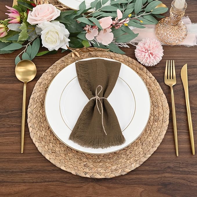 36 Pack Brown Napkins Cotton Linen Napkins 16 x 16 Inch Brown Cloth Napkins Handmade with Fringe Soft Napkins Cloth Washable Rustic Dinner Napkins Cloth for Wedding Party Dinner Table