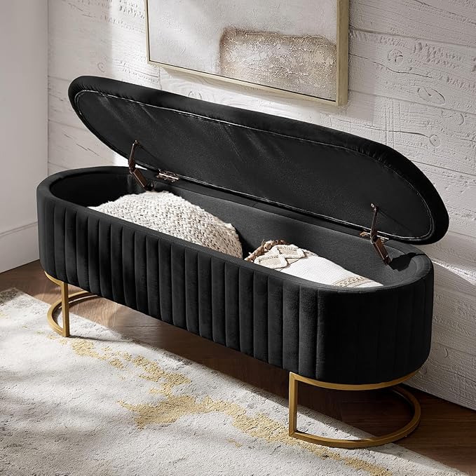 50.5” Velvet Storage Ottoman Bench with Gold-Toned Legs, Luxury Upholstered End of Bed Multi-Functional Footrest & Seat for Bedroom & Entryway