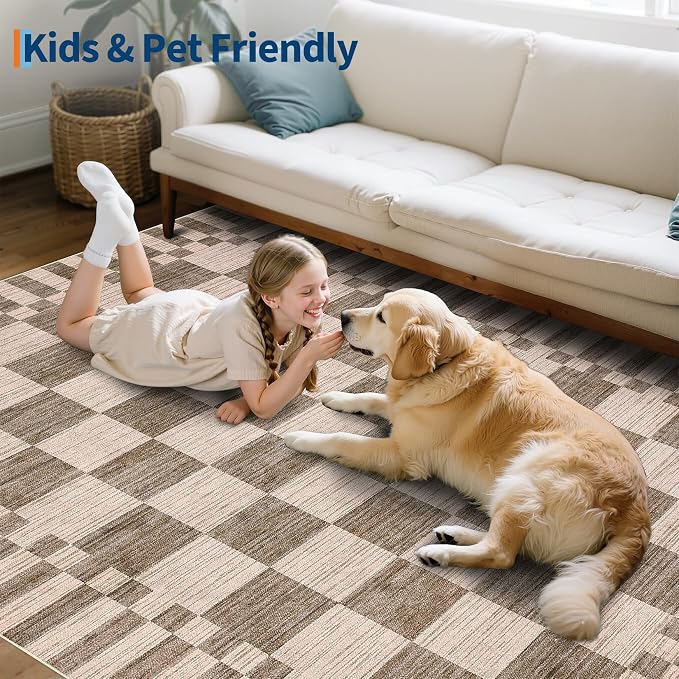 GarveeHome 2×10 Kitchen Runner Rug Non Slip,Brown Checkered Rug,Washable Runner Rug for Hallway Soft Low-Pile Geometric Checkerboard Rugs for Entryway Kitchen Dining Room