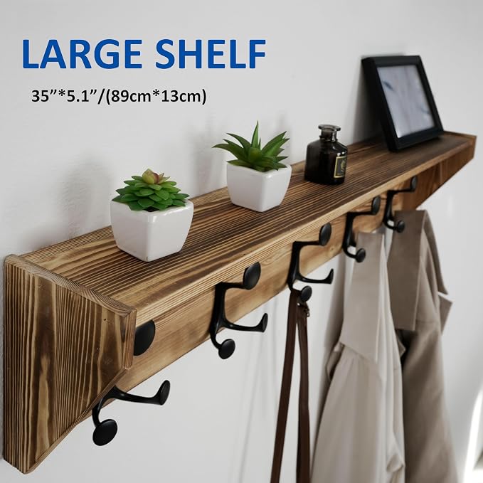 WEBI Wall Shelf with Hooks Underneath,35" Long Wall Mounted Coat Rack with Shelf,Entryway Coat Rack with 5 Triple Hooks for Hanging Coats,Jacket,Hallway,Bedroom,Mudroom,Brown