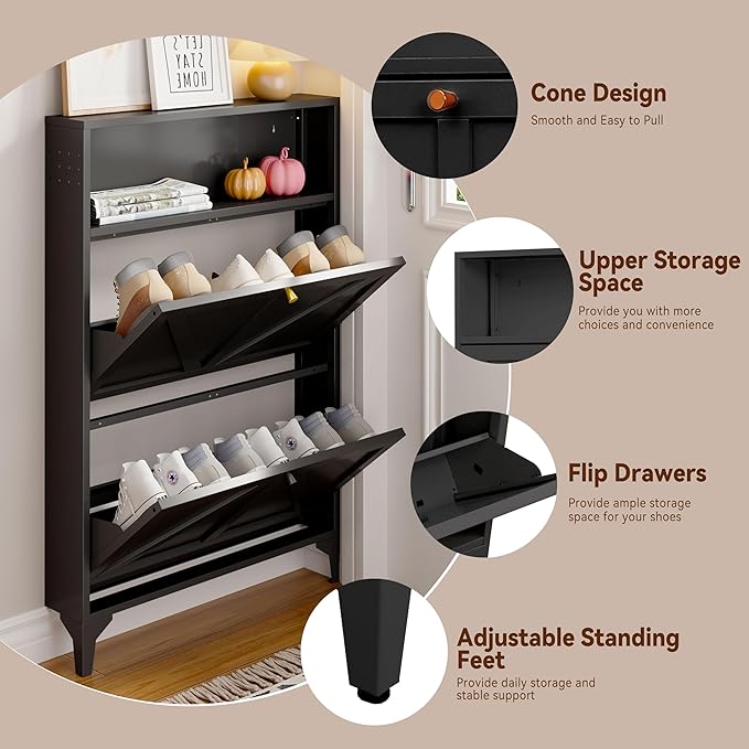 Silm Shoe Cabinet with 2 Flip Drawers,Hidden Shoe Storage Cabinet,Metal Freestanding Organizer,Narrow Shoe Cabinet Storage for Entryway,Hallway,Living Room(2 Door, Black)