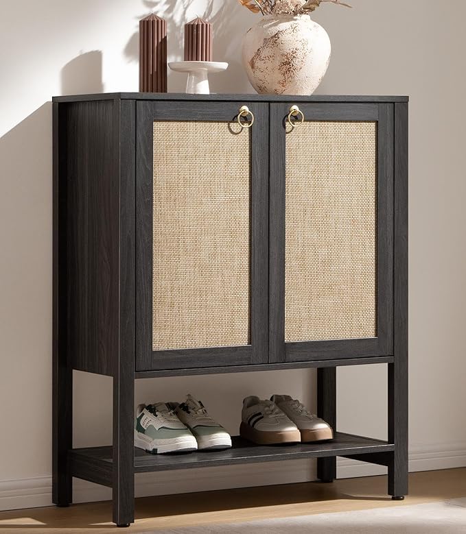 SICOTAS Rattan Shoe Storage Cabinet - 5 Tier Farmhouse Boho Shoe Storage Organizer Cabinet with Doors and Shelves, Tall Shoe Rack for Entryway, Hallway, Living Room, Closet (Obsidian)