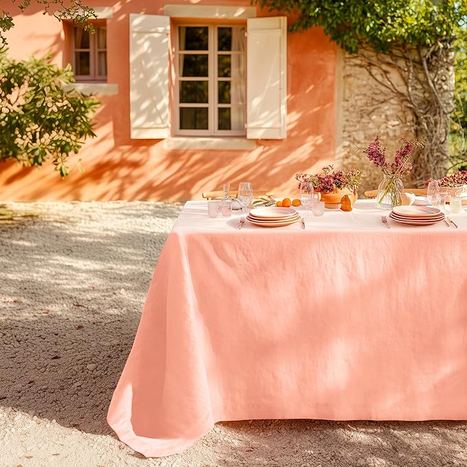 Linen World Linen Tablecloth,100% French Natural Flax Tablecloth 90" x 60" Inch,Washable Rectangular Table Cloth for Dining,Outdoor,Weddings and Restaurants,Decorative Christmas,Peach Pink