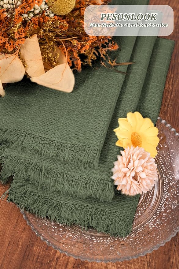 12 Pack Olive Green Cloth Napkins Cotton Linen Napkins with Fringe 16 x 16 Inch Soft Handmade Napkins Cloths Delicate Washable Rustic Dinner Napkin Cloths for Wedding Party Dinner Table Decor
