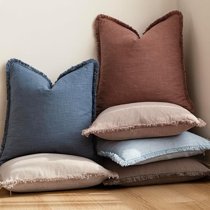 Foindtower Set of 2 Decorative Linen Fringe Lumbar Throw Pillow Covers Boho Farmhouse Cushion Cover with Tassels Soft Accent Pillowcase for Couch Sofa Bed Living Room Home Decor,12×24 Inch,Rust Red