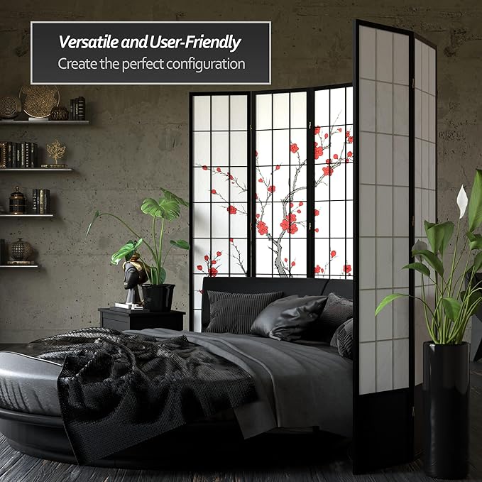 Red Lantern 7 ft. Tall Cherry Blossom Shoji Screen - Black - 5 Panels