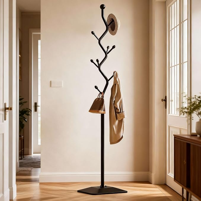 Sturdy Metal Coat rack Tree – Anti-Tip Design with 8 Hooks, Perfect for Home, Dorm, or Office Organization (black)