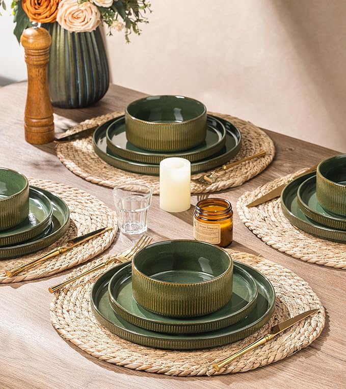 GBHOME Stoneware Dinnerware Sets for 4, 12 Pieces Ceramic Ribbed Plates and Bowls Set, Reactive Glaze Stackable Plate Sets, Scratch Resistant Dishes, Microwave & Dishwasher Safe, Sage Green