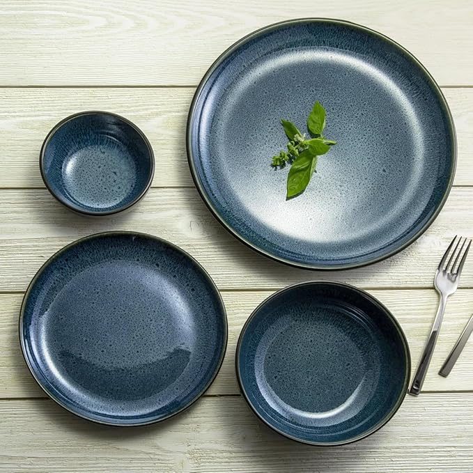 Sango 16-Piece Stoneware Dinnerware Set for 4, Glossy Black/Blue Big Dinner Plates and Bowls Sets with Reactive Glaze, Ceramic Dish Set, Modern Beautiful Dishes, Microwave & Dishwasher Safe, Resona