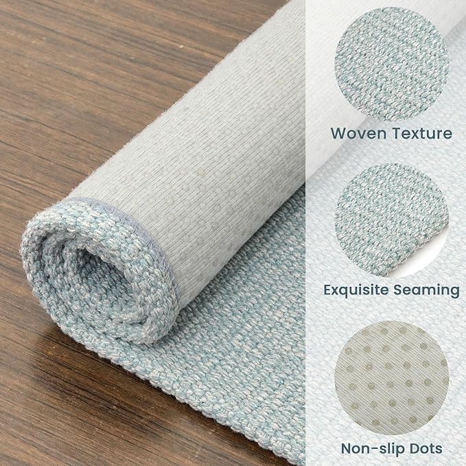 EARTHALL Washable Area Rug 3x4 Ft Non Slip Rugs for Entryway Braided Rubber Backed Throw Rugs Door Mat Indoor Outdoor Entrance Cotton Woven Rug for Kitchen Foyer Front Door Living Room, Turquoise/Gray