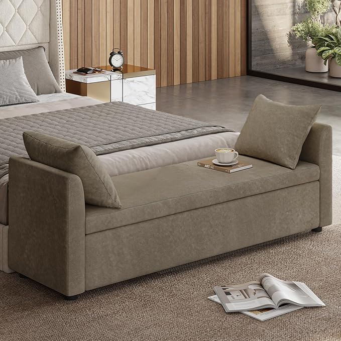 59.5" Modern Storage Ottoman Bedroom Bench, End of Bed Bench with Throw Pillows and Arms, Footrest Stool for Living Room, Dining Room, Entryway and Hallway, Brown