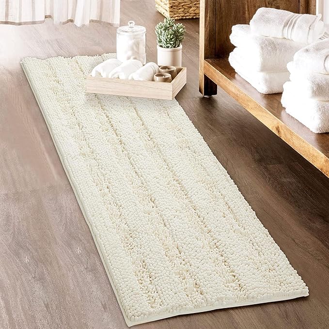 KGORGE Bath Mat for Bathroom - White Super Soft Shower Rug Non-Slip Washable Absorbent Quick Drying Chenile Bathtub Floor Carpet, Cream, 70" x 24", 1 Piece