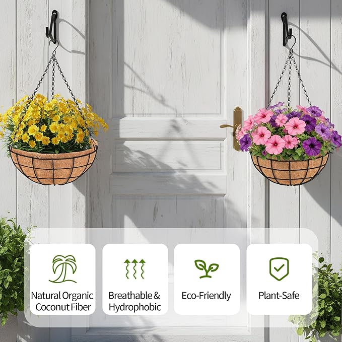 14 Inch Hanging Baskets for Plants Outdoor, 4 Pack Large Hanging Planters for Indoor Outdoor Plants, Round Metal Wire Hanging Flower Pots with Coconut Coir Liners for Garden, Deck, Porch, Balcony
