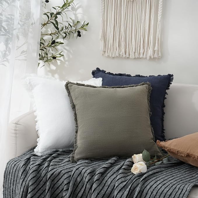 Foindtower Set of 2 Decorative Linen Fringe Throw Pillow Covers Cozy Boho Farmhouse Cushion Cover with Tassels Soft Accent Pillowcase for Couch Sofa Bed Living Room Home Decor, 26×26 Inch, Navy Blue