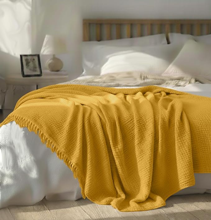 KyraHome 100% Organic Cotton Throw Blanket for Adult, Couch, 60"x80" Plant-Dyed Large Muslin Blankets, Picnic, Pre-Washed Breathable Gauze Summer Throw Blankets, All Season (Mustard Yellow)