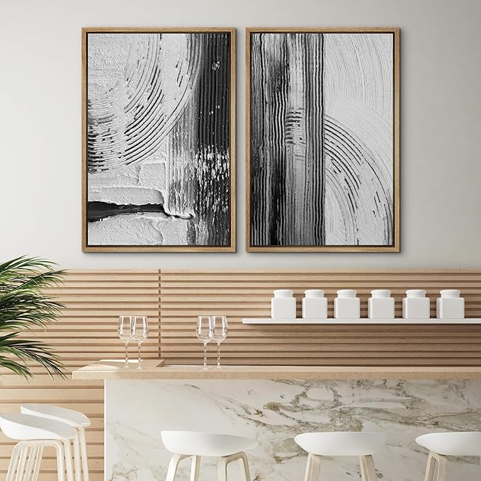 SIGNWIN Framed Canvas Print Wall Art Set Black White Industrial Paint Strokes Abstract Shapes Illustrations Modern Art Minimal Decorative Nordic for Living Room, Bedroom, Office - 24"x36"x2 Natural