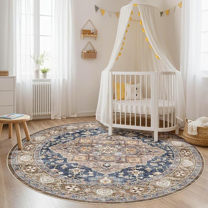 Round Rug Living Room Rugs: 7x7 Washable Boho Neutral Large Circle Soft Indoor Floral Stain Resistant Floor Farmhouse Carpet for Bedroom Nursery Kids Playroom Office Dining Room Dorm- Yellow Blue