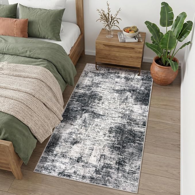 IOHOUZE Abstract Runner Rug 3x6 Ft Washable Runners for Hallways, Non Slip Kitchen Runner Printed Faux Wool Entryway Runner Indoor, Floor Carpet for Hall Kitchen Bedroom, Black Grey