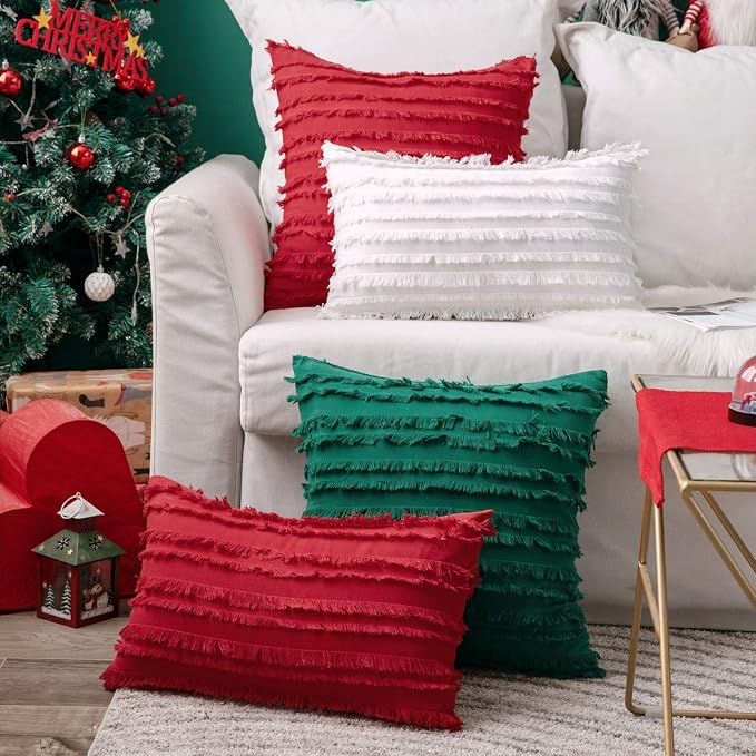 MIULEE Set of 2 Decorative Boho Throw Pillow Covers Spring Linen Striped Jacquard Pattern Cushion Covers for Sofa Couch Living Room Bedroom 12x20 Inch White