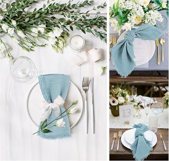 30 Packs Cotton Linen Napkins,Handmade Cloth Napkins Bulk with Fringe, Rustic Boho Napkins Cloth,Cloth Napkins for Romantic Wedding Party Event Dinner Birthday Table Decor(Dusty Blue,16 x 16 Inch)