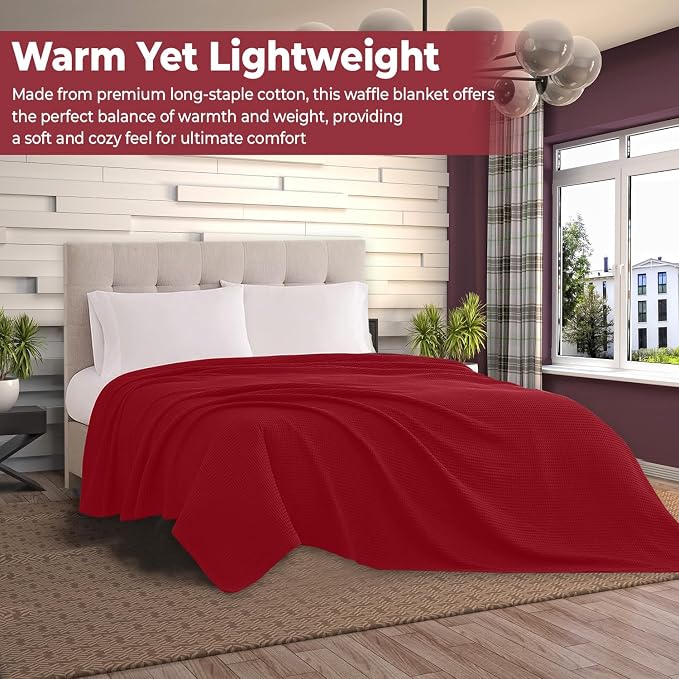 100% Cotton Blankets for Bed - Waffle Weave Blankets for Summer, Lightweight and Breathable Soft Woven Blanket for Spring (RED, Twin (60" x 90"))