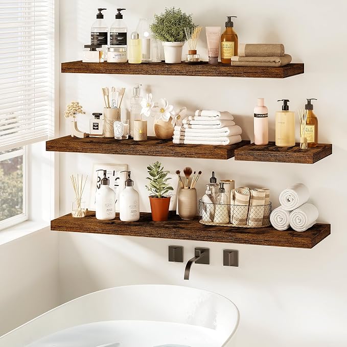 Vivelove Floating Shelves for Wall Mounted, 32 Inches Long Shelves, Display Shelf for Bathroom Living Room Kitchen Bedroom Office Farmhouse Home Decor, 32" X 9.3" X 1.5" - Set of 2, Rustic Brown