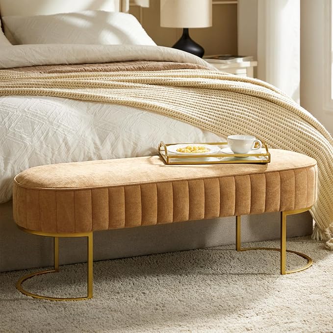 EcoHarbor Living 46" Velvet Bench, Upholstered Entryway Bench End of Bed with Gold Legs, Bed Ottoman Bench for Bedroom Living Room Footrest Stools, Mustard