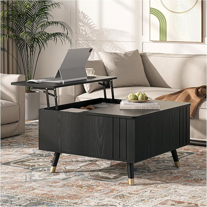 Square Coffee Table with Lift-Top & Flip-Top Storage, 36" Lift Tabletop Dining Center Table with Solid Wood Legs, Functional Modern Black Coffee Tables for Living Room Small Space or Office