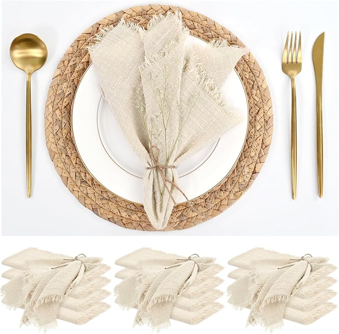 12 Pack Cotton Linen Napkins 16 x 16 Inch Linen Napkins Cloth Handmade with Fringe Soft Cloth Napkins Washable Rustic Dinner Napkins Cloth for Wedding Party Dinner Table(Natural)
