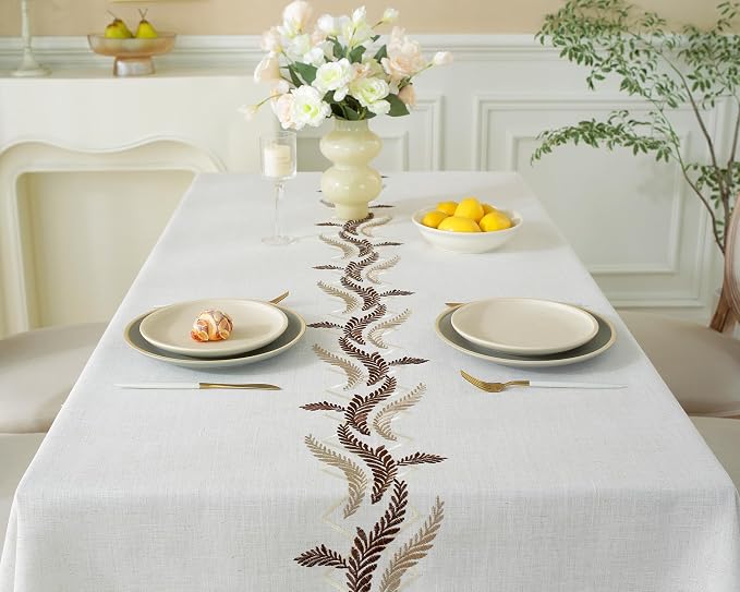 Alsoo Embroidered Tablecloth Rectangle 55 x 75 Inch, Washable Waterproof Wrinkle Free Table Cloth Cotton Linen Fabric with Tassel for Kicthen Dining Outdoor Picnic