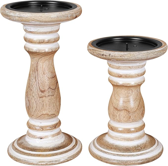 Wooden Candle Holder Set of 2 (8" & 6") - Handcrafted Pillar Candle Stand - Rustic Mango Wood Decorative Candle Holders for Home, Mantel, and Table Décor - Distress White