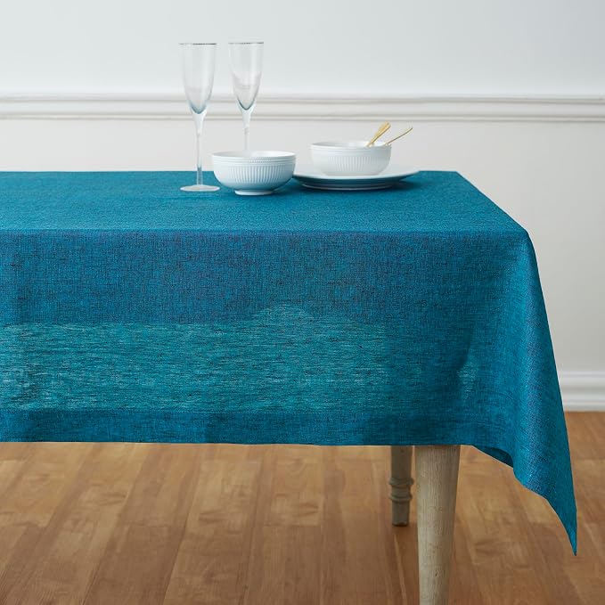 Solino Home Linen Tablecloth 60 x 90 Inch - 100% Pure Linen Chambray Teal Table Cloth for Rectangle Tables - Athena, Machine Washable Tablecloth for Summer