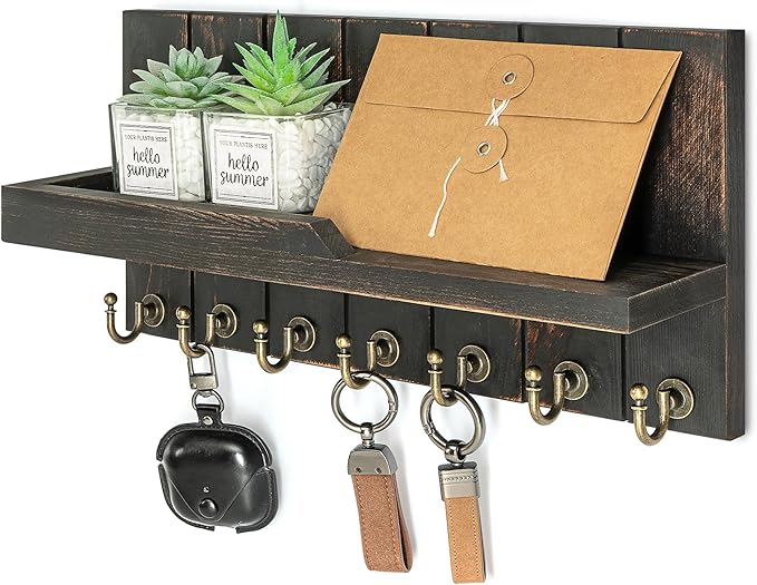 Rebee Vision Farmhouse Key Holder Wall Mount for Home Decor- Rustic Wooden Key Holder for Wall with Floating Shelf & 7 Sturdy Hooks - Ideal Mail Holder for Home Storage (Distressed Black)