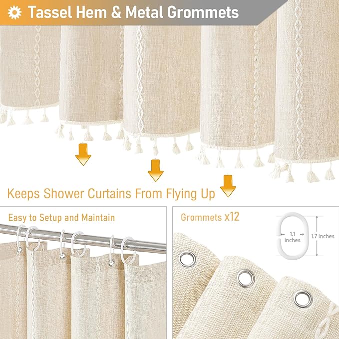 BTTN Extra Long Shower Curtain, 72x96 Long Striped Boho Chic Linen Fabric Heavy Duty Shower Curtain Set with Hooks, Tall Bohemian Farmhouse Luxury Tassel Cloth Shower Curtain for Bathroom, Cream/Beige