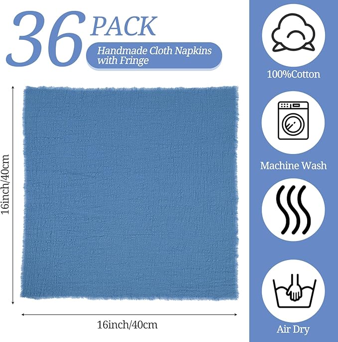 36 Pack Cyan Handmade Cloth Napkins 16 x 16 Inch Cotton Linen Napkins with Fringe, Washable and Reusable Napkins, Soft Rustic Boho Fringe Cloth Napkins for Dinners,Parties, Wedding