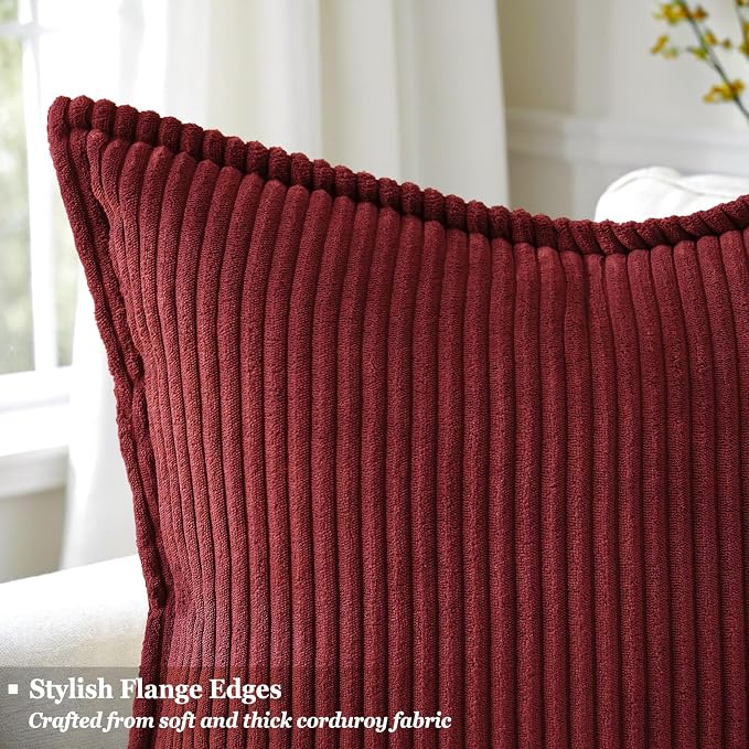 decorUhome Summer Corduroy Burgundy Throw Pillow Covers 16x16 Set of 2 Decorative Soft Boho Farmhouse Couch Pillow Covers for Living Room Bed Sofa Broadside Striped Pillow Cases