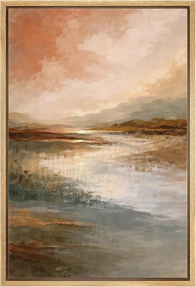 MUDECOR Framed Canvas Print Wall Art Warm Earth Tone Reflective Landscape Illustrations Minimalism Decorative Bohemian Zen for Living Room, Bedroom, Office - 16"x24" NATURAL