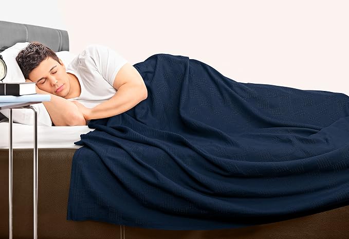 Utopia Bedding 100% Cotton Thermal Blanket Navy Throw Size Soft, Lightweight, Breathable, Cozy Spring and Summer Blanket for Couch and Sofa, Home Room Decor Gifts for Women and Men (50x60 Inches)