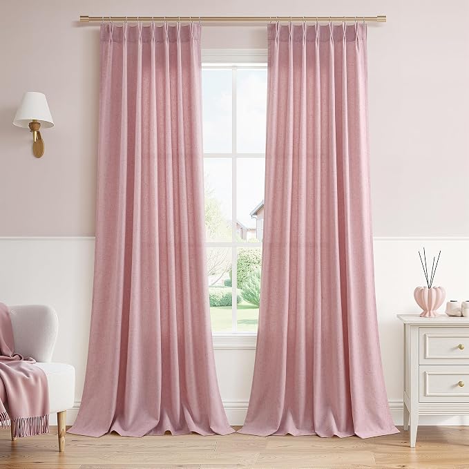 Pink Pinch Pleated Long Linen Curtains 120 Inch 2 Panels for Living Room Bedroom Sliding Glass Door Curtain Privacy Light Filtering Windows Treatment Farmhouse Neutral Rustic Decorations 40x120