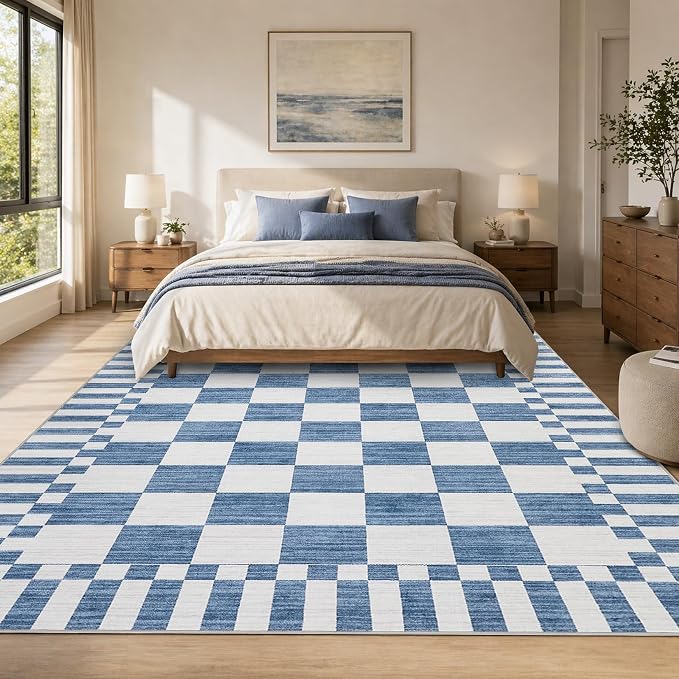 GarveeHome Dark Blue Checkered Rug 6×9 Area Rugs for Living Room,Non-Slip Washable Rug Soft Low-Pile,Neutral Modern Checkerboard Farmhouse Geometric Rugs for Bedroom Dining Room