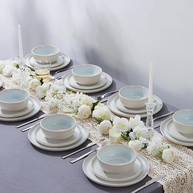 LIANYU Stoneware Dinnerware Sets for 8, 24 Piece Ceramic Plates and Bowls Set for 8, Kitchen Dishes Set, Modern Dinning Ware Dishware Set, Dishwasher and Microwave Safe Dinner Salad Plates, Dusk White