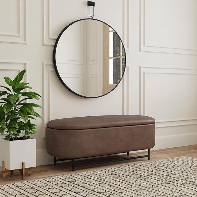 HomePop Ellipse Modern Storage Bench with Metal Legs |Homepop Home Décor|Bench with Storage for Living Room & Bedroom - Brown Faux Leather