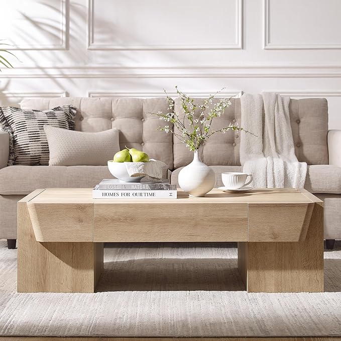 JXQTLINGMU 47" Modern Coffee Table with Storage, Wood Large Coffee Table with Drawer, Rectangle Center Table for Living Room, Natural Oak