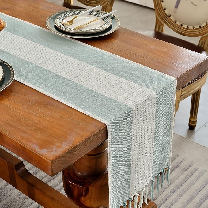 Wracra Linen Table Runner, Farmhouse Macrame Table Runners 60 Inches Long for Dining Table Decor, Wedding, Party and Dresser Decor (Aqua Blue,60")